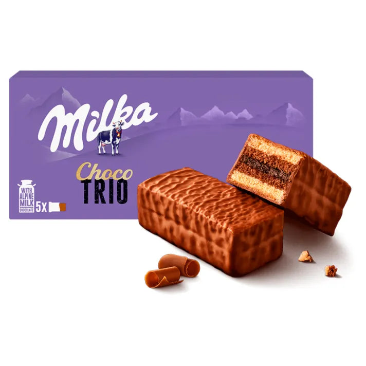 Ciastka biszkoptowe Milka Choco Trio z nadzieniem kakaowym oblane czekoladą 150g