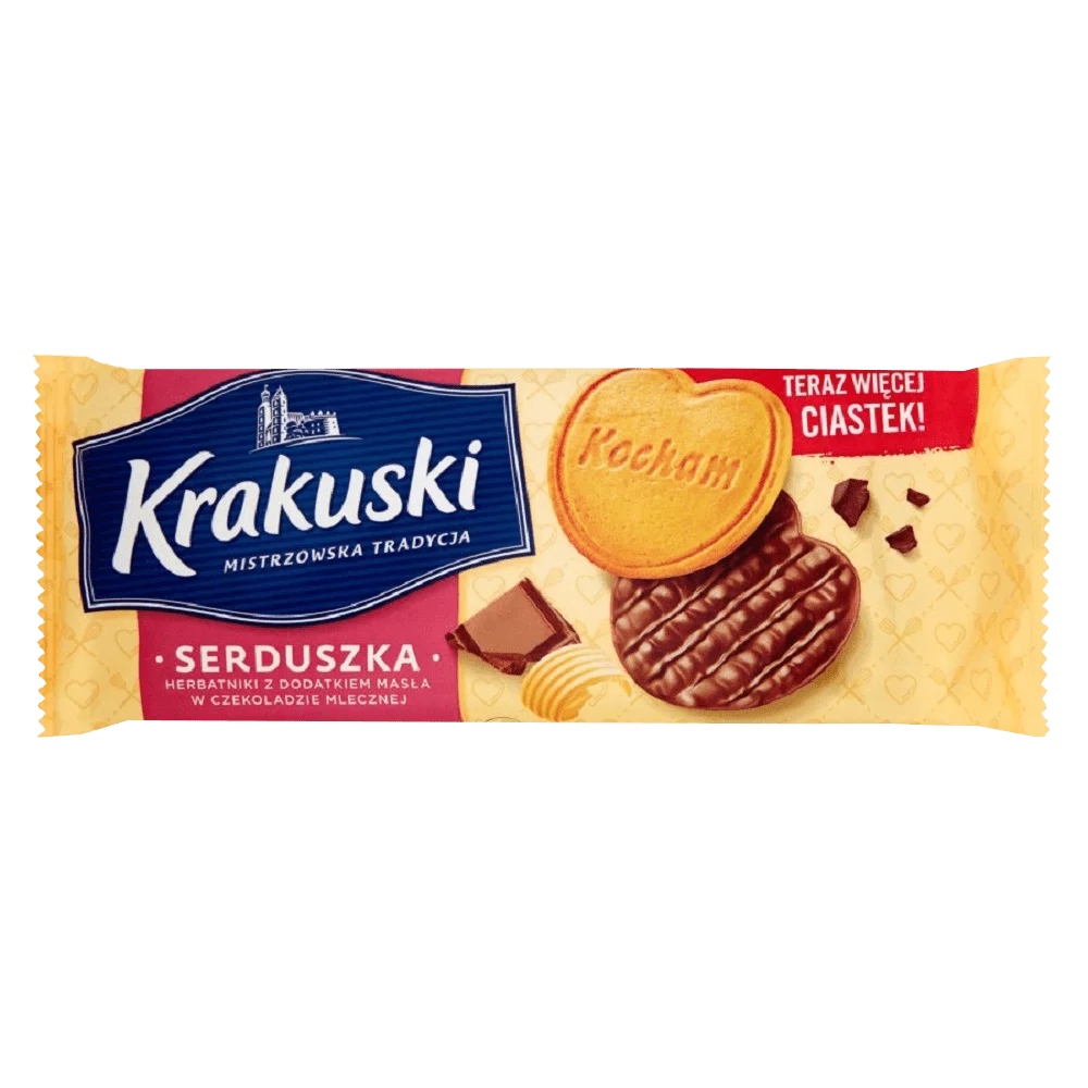 Herbatniki krakuski serduszka z dodatkiem masła w czekoladzie mlecznej 171g Bahlsen