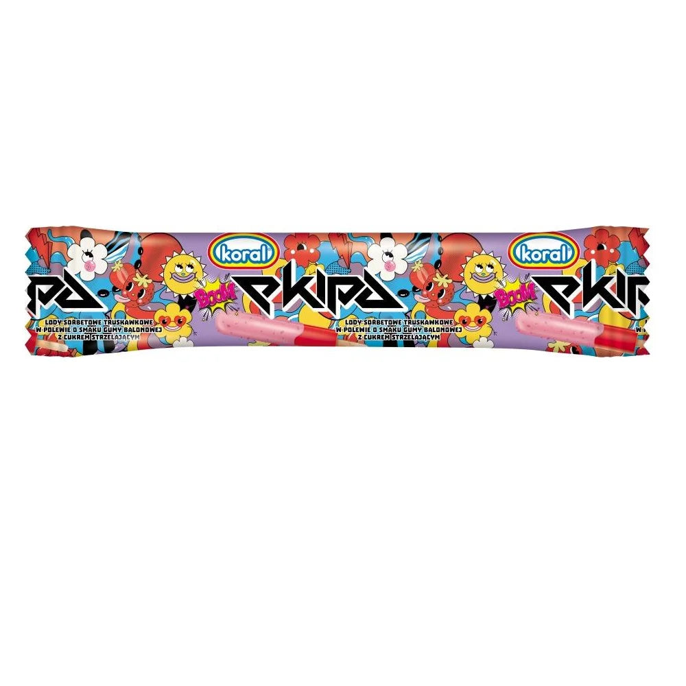 Lody ekipa o smaku sorbetu truskawkowego w polewie z gumy balonowej ze strzelającym cukrem 50ml Koral