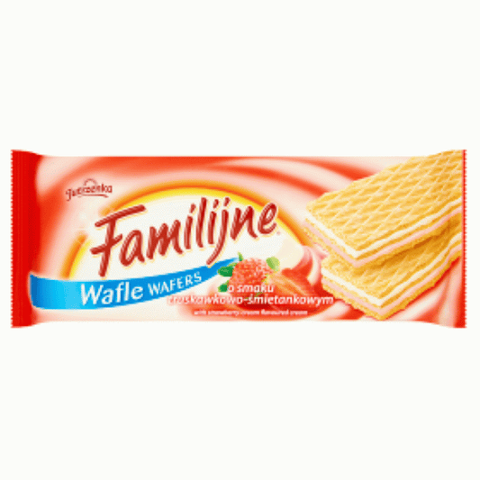 Wafle Familijne o smaku truskawkowo-śmietankowym 180 g Jutrzenka