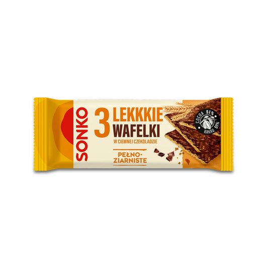 Lekkie Wafelki pełnoziarniste w czekoladzie deserowej 36g Sonko